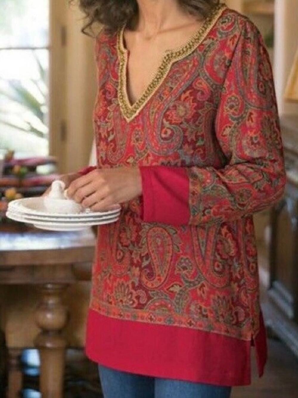 Soft Surroundings Red&Gold Embellished Pasha Tunic Blouse Sz.2X NWT